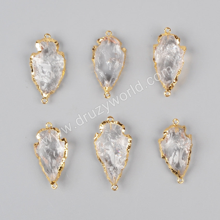Gold Plated Rough Natural White Quartz Carved Arrowhead Connectors, For DIY Jewelry Making G0942