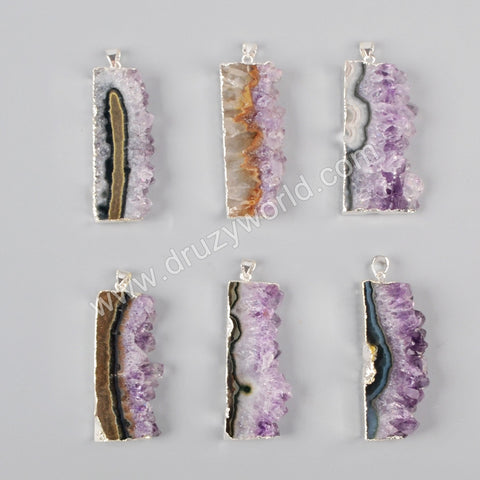 925 Sterling Silver Rectangle Natural Amethyst Druzy Slice Pendant Bead SS019