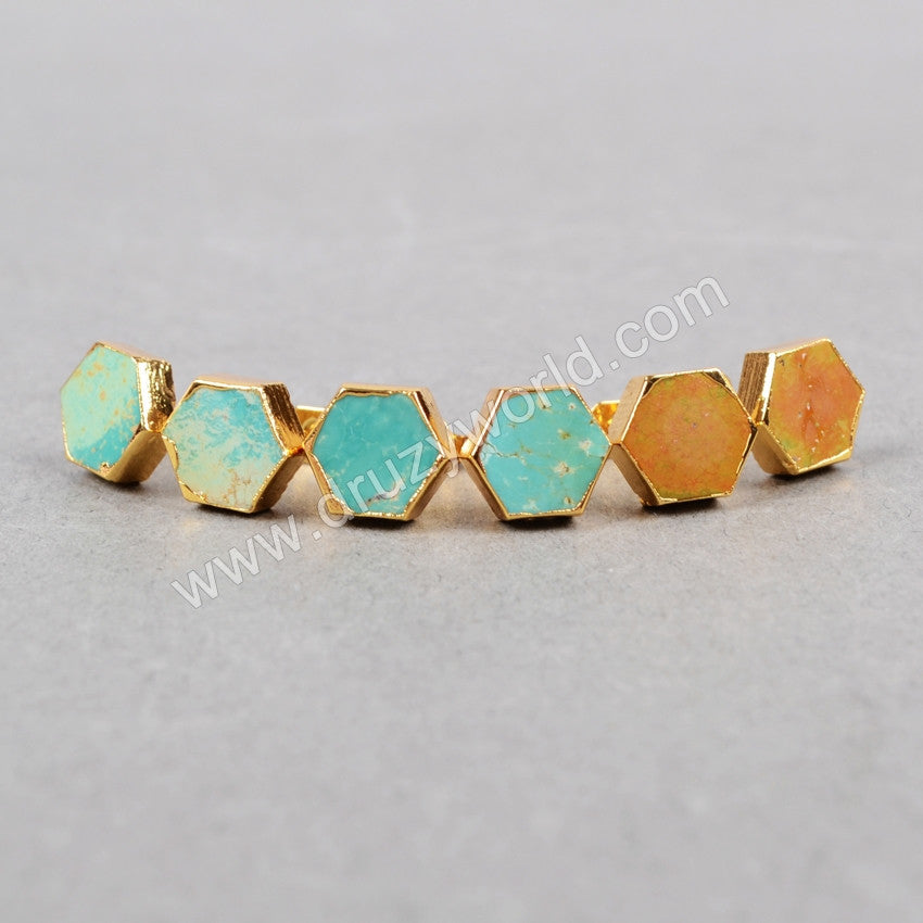 Gold Plated Hexagon Natural Turquoise Stud Earrings G0611