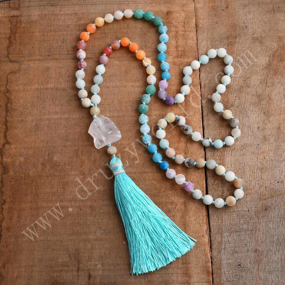 32" Raw White Quartz Blue Tassel Rainbow Gemstone Bead Necklace, 8mm Fire Agate and Amazonite Beads, Mala Prayer Balance Meditation Reiki Spiritual Jewelry HD0309