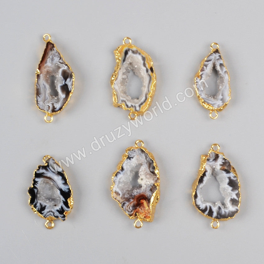 Gold Plated Freeform Natural Onyx Agate Druzy Slice Connector Double Bails, For Jewelry MakingG0952