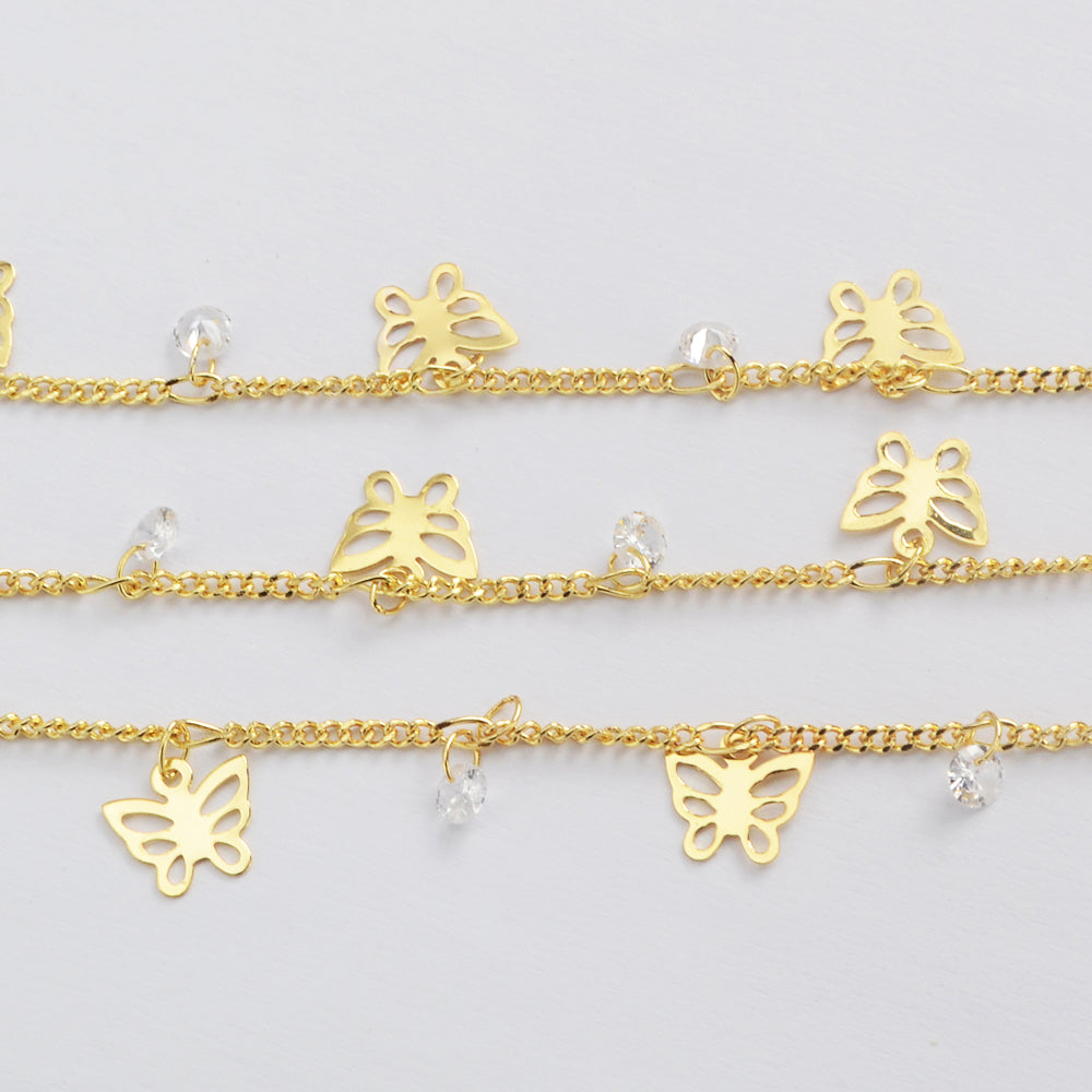 16 Feet Gold Plated Brass CZ Butterfly Chains, For Bracelet Necklace Jewelry Making, Chain Findings PJ513