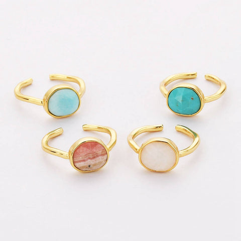 Egg Shape Gold Plated Faceted Natural Turquoise Moonstone Larimar Rhodochrosite Ring, Gemstone Jewelry ZG0460