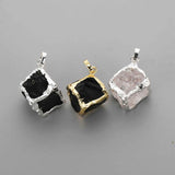 Gold / Silver Plated Cube Shape Black Obsidian / White Quartz Pendant Raw Healing Crystal Stone Pendant WX2070