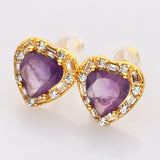 Gold - S925 Sterling Silver CZ Heart Gemstone Stud Earrings, Dainty Earrings, Healing Crystal Jewelry SS213RG