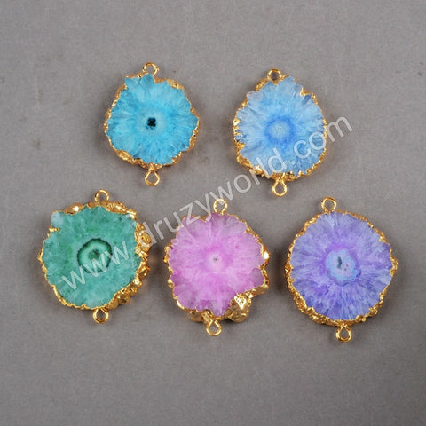 Rainbow Solar Quartz Connectors with Double Bails, Gold Plated Crystal Stone Jewelry Charm & Pendants G0246