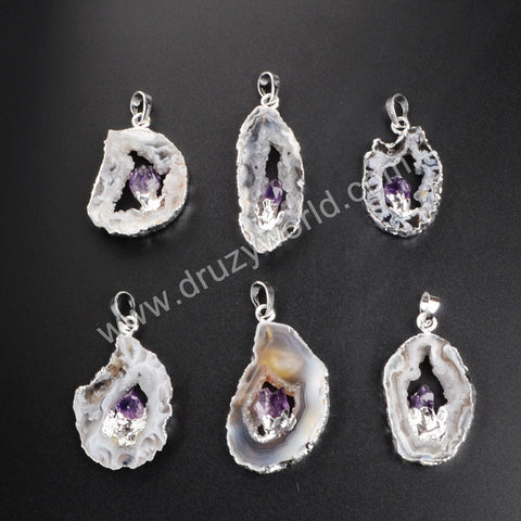 Silver Plated Natural Color Freeform Natural Onyx Druzy Drusy Agate Slice Pendant Inlay Natural Amethyst