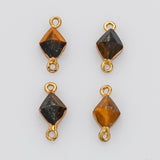 Tiny Gold Plated Tiger's Eye Connector, Diamond Faceted Shape, Gemstone Charm, For Jewelry Making AL610