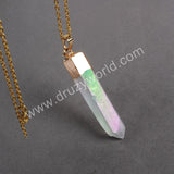 Gold Plated Raw Titanium AB White Natural Aura Crystal Quartz Point Pendant G0061