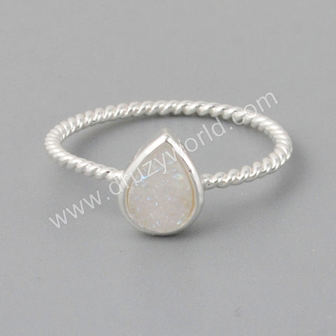 Silver Plated Teardrop Natural  Druzy Bezel Ring ZS0288