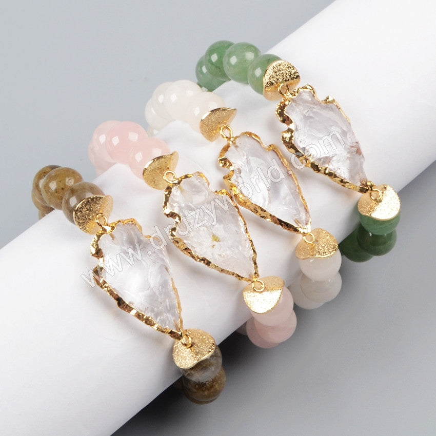 Gold Plated Rough Natural White Quartz Arrowhead Bracelet With 10mm Beads G0954