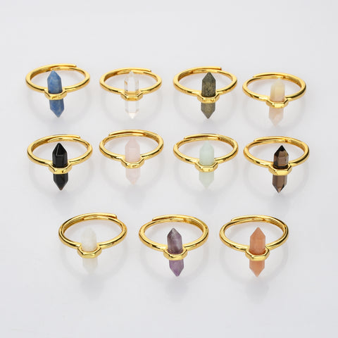 Hexagon Point Natural Stones Gold Bezel Ring, Adjustable, Gemstone Jewelry Ring WX2206