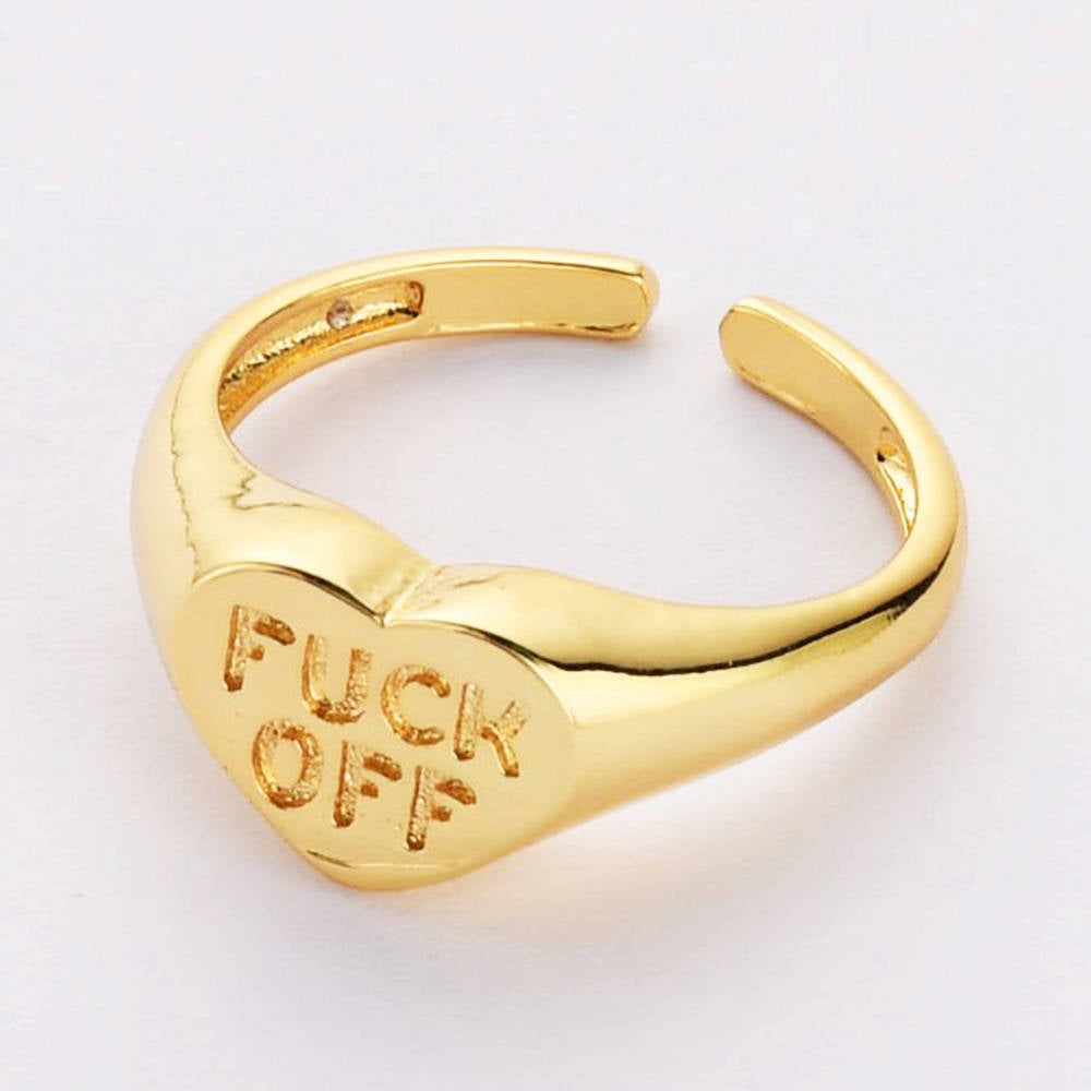 Gold Plated Brass Heart Signet Ring FUCK OFF Letter Ring WX2058