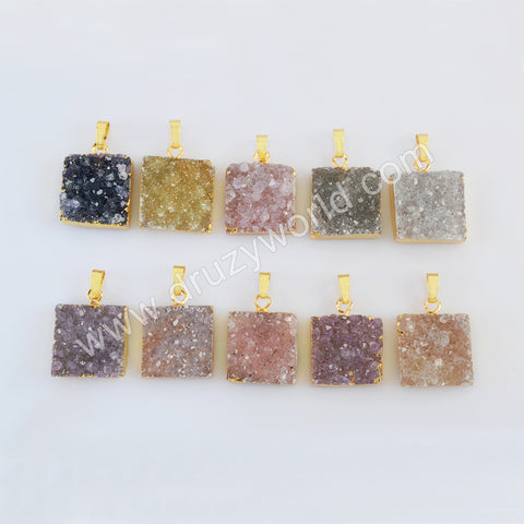 Gold Plated Square Agate Druzy Pendant G2022