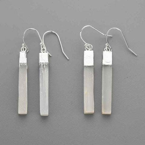 Silver Plated Rectangle Natural Selenite Stone Bar Dangle Earrings S1703-E