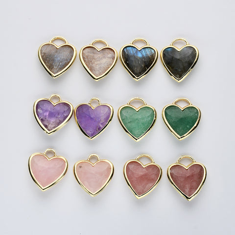 Gold Plated Heart Multi Natural Gemstone Pendants, Faceted Crystal Quartz Pendant WX2179