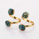 Adjustable Gold Plated Double Copper Turquoise Ring, Real Turquoise Aqua Gemstone Jewelry G2082