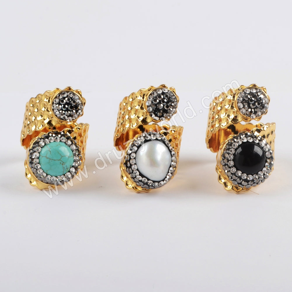 Unique Rhinestone Pave Round Blue Howlite Turquoise Black Agate Pearl Gold Band Wrap Ring JAB963