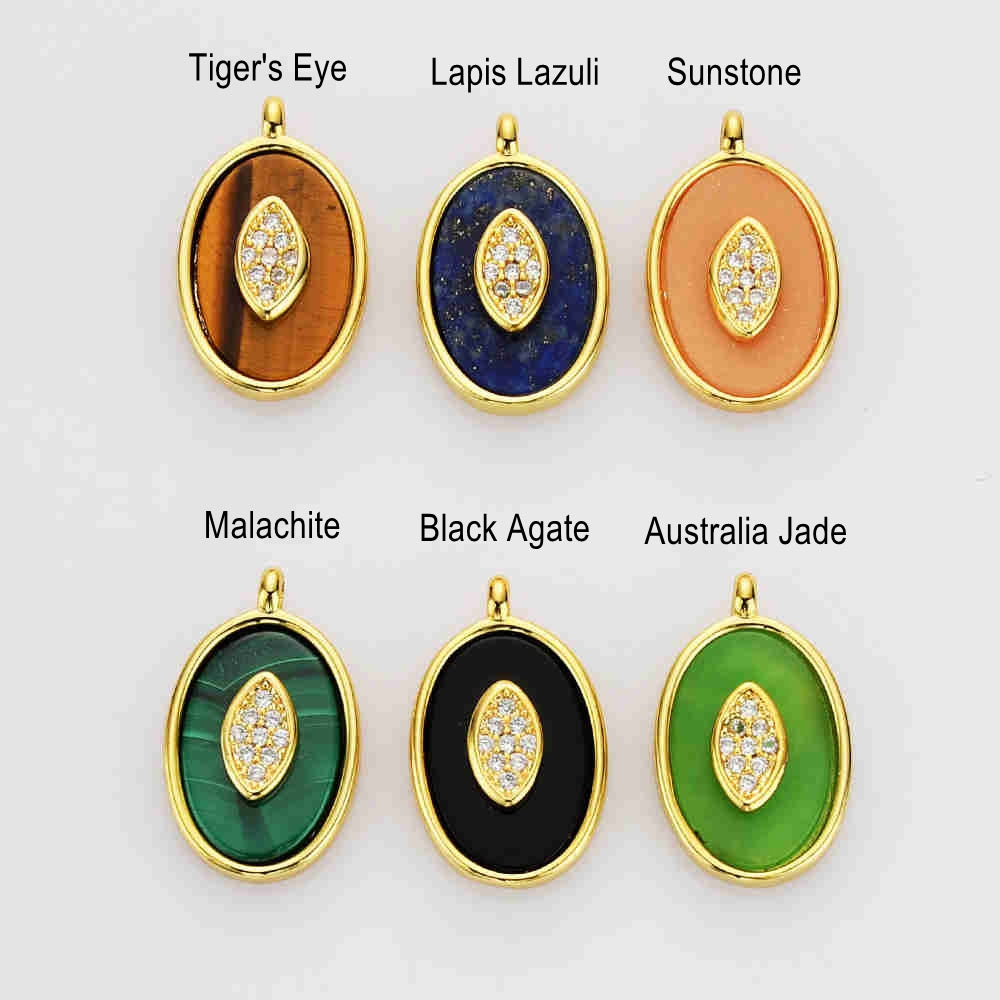 Oval Gold Plated Bezel Natural Gemstone & Crystal Charm Pendant with CZ Micro Pave, Making Jewelry Charms WX2125