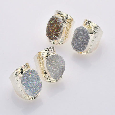 Wholesale Silver Plated Natural Titanium AB Color Druzy Ring, Open Band Cuff Ring, Gemstone Jewelry S0890-AB