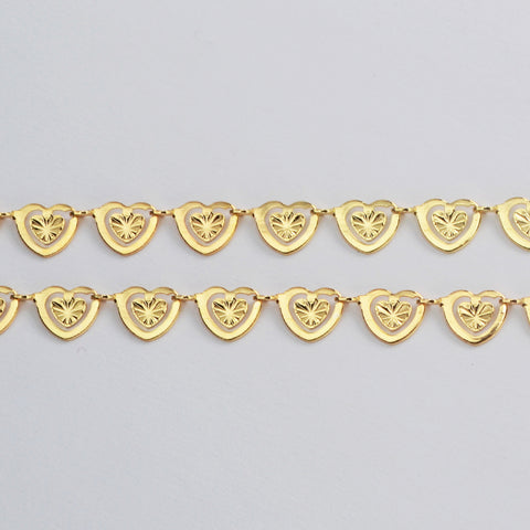 16 Feet Gold Plated Brass Hollow Heart Chain, For Necklace Bracelet Jewelry Making, Wholesale Supply PJ494