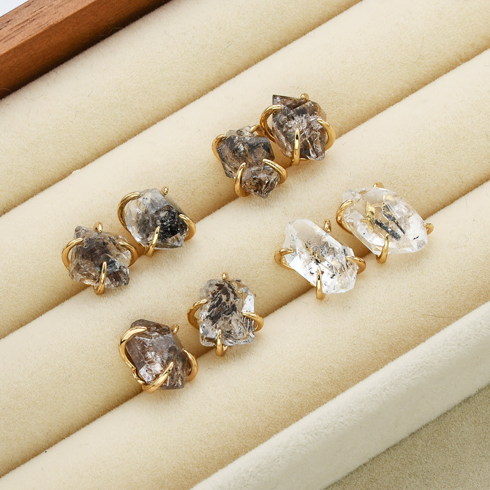 Gold Plated Claw Herkimer Quartz Stud Earrings, Healing Gemstone Post Earrings, Raw Crystal Jewelry ZG0502