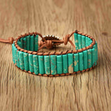 Cylinder Green Sea Sediment Jasper Bar Beads Leather Wrap Bracelet, Handmade Boho Jewelry HD0430