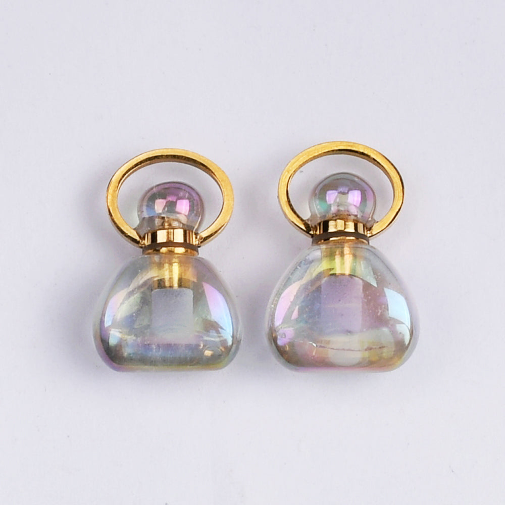 Gold Plated Triangle AB White Titanium Quartz Perfume Bottle Pendant & Necklace, Healing Crystal Jewelry G2065