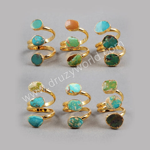 Gold Plated Three 100% Natural Turquoise Ring, Adjustable Size, Raw Turquoise Jewelry G0280