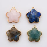 Flower Gold Plated Natural Gemstone Charm, Faceted Rose Quartz Lapis Lazuli Labradorite Pendant, Healing Crystal Stone Charm Making Jewelry WX2144