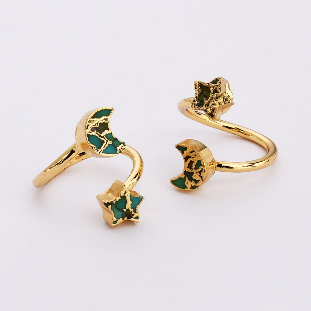 Gold Plated Geometric Natural Copper Turquoise Double Stone Moon Star Wrap Ring Adjustable ED003