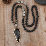 30" Gold Black Obsidian Arrowhead Point 8mm Pyrite Lava Stone Beads Long Necklace, Handmade Boho Necklace HD0182