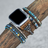 Silver Blue Gemstone Beaded Watch Strap, Rope Layers Wrap, 4mm Blue Sea Sediment Jasper Imperial Stone Labradorite Beads Bracelet Band, Iwatch Band, Bracelet For Apple Watch AL495