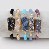 Rectangle Titanium Rainbow Druzy Bracelet Gold Plated, Faceted Quartz Beaded Bracelet, Handmade Jewelry G1281