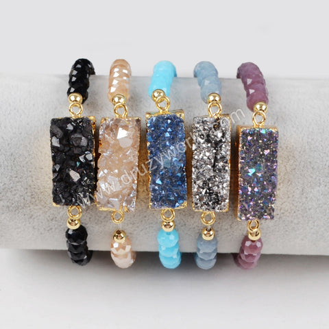 Rectangle Titanium Rainbow Druzy Bracelet Gold Plated, Faceted Quartz Beaded Bracelet, Handmade Jewelry G1281