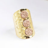 Gold Plated Bezel Three Round Titanium AB White Druzy Band Ring ZG0365