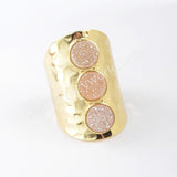 Gold Plated Bezel Three Round Titanium AB White Druzy Band Ring ZG0365