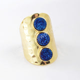 Gold Plated Bezel Three Round Titanium AB White Druzy Band Ring ZG0365