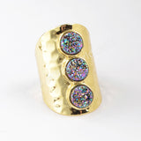 Gold Plated Bezel Three Round Titanium AB White Druzy Band Ring ZG0365