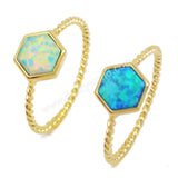 Gold Plated Bezel Hexagon White Blue Opal Ring ZG0243