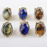 Rhinestone Pave Oval Multi Gemstone Faceted Gold Band Ring JAB931