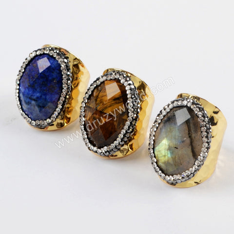 Rhinestone Pave Oval Multi Gemstone Faceted Gold Band Ring JAB931