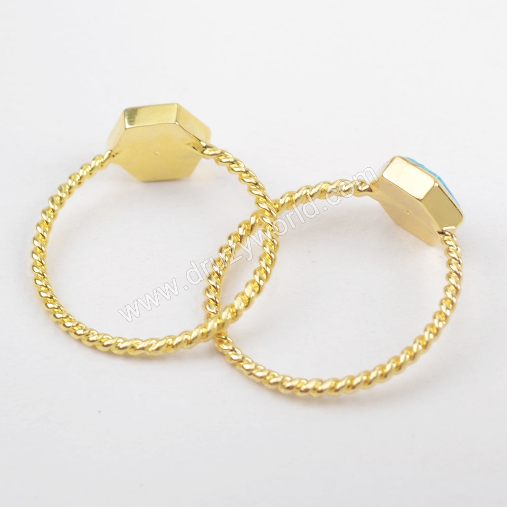 Gold Plated Bezel Hexagon White Blue Opal Ring ZG0243