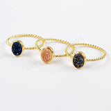 Oval Gold Plated Natural Agate Titanium Rainbow Druzy Bezel Ring ZG0289