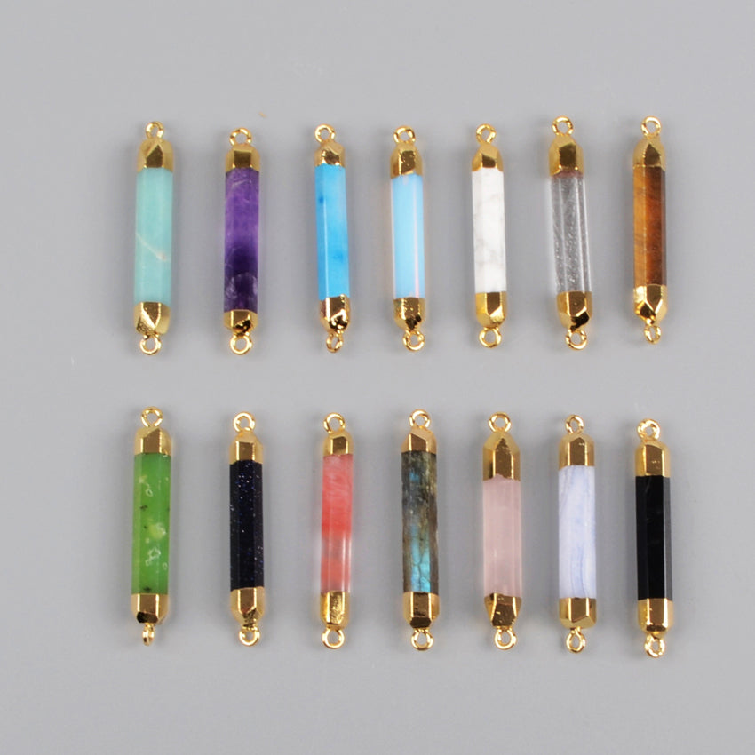 Wholesale Prism Gold Plated Rainbow Natural Gemstone Terminated Point Connectors, Double Loops, Healing Crystal Stone Bar&nbsp;Charms, Making Jewelry Crafts G0993