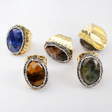 Rhinestone Pave Oval Multi Gemstone Faceted Gold Band Ring JAB931