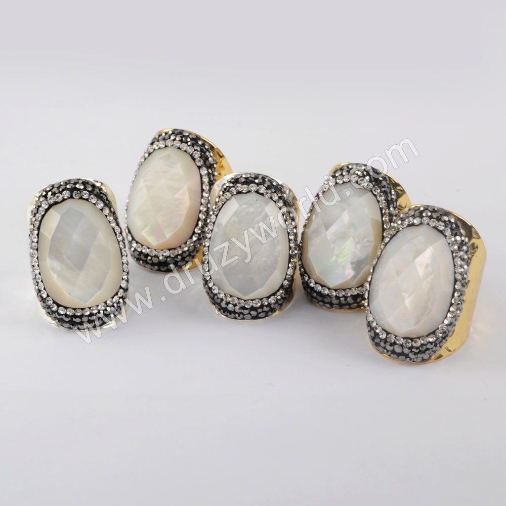Gold/Silver Plated Natural White Shell Faceted Rhinestone Pave Band Ring JAB976