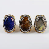 Rhinestone Pave Oval Multi Gemstone Faceted Gold Band Ring JAB931