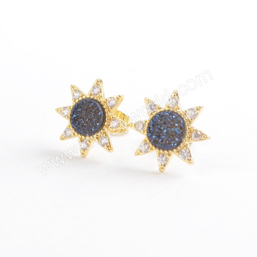 Star Gold Plated CZ Micro Pave Rainbow Natural Titanium Druzy Studs Earring ZG0383