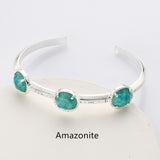 Silver Plated Brass Round Three-Gemstone Faceted Bangle, Healing Crystal Quartz Cuff Bracelet ZS0493